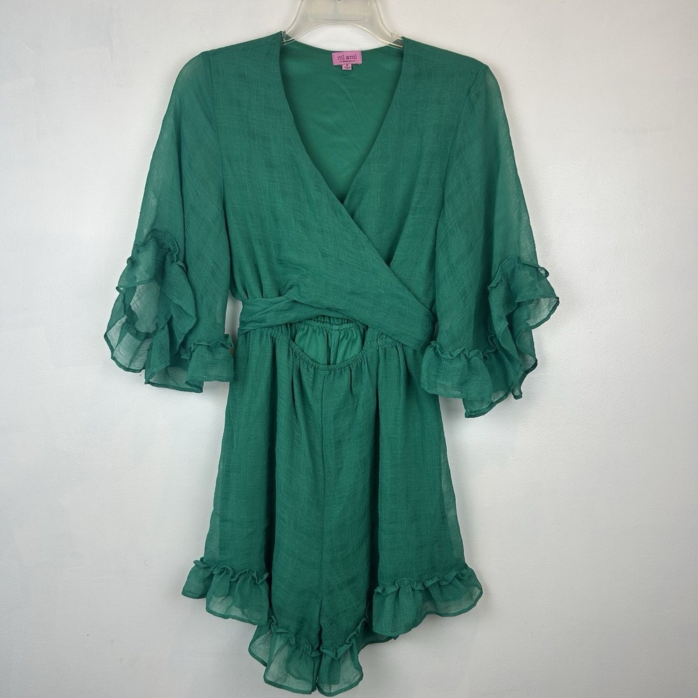 Mi Ami Shorts Romper Womens S Kelly Green Sheer Cutout Waist Tie Coquette